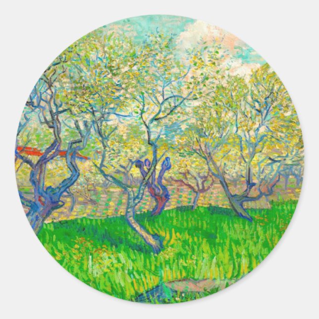 Pegatina Redonda Vincent van Gogh Orchard en Blossom (Anverso)