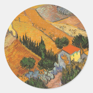 Pegatina Redonda Vincent van Gogh - Valle con Plowman