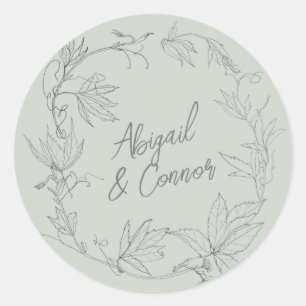 Pegatina Redonda Vines minimalistas dibujados a mano Sage Green Gra