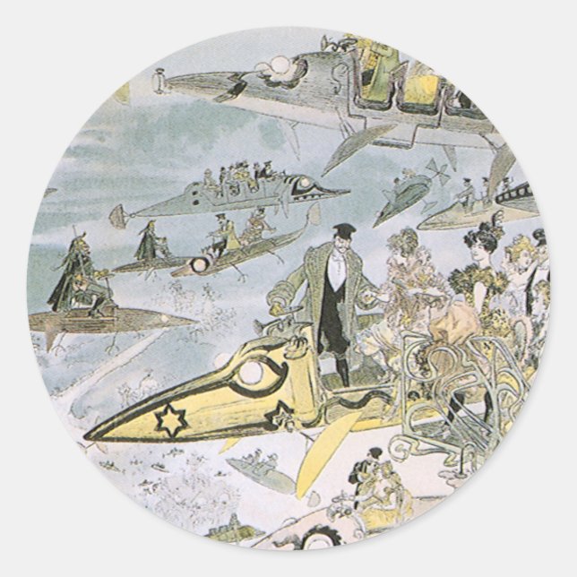 Pegatina Redonda Viñeta Ciencia Ficción Carros Futuristas, taxis (Anverso)