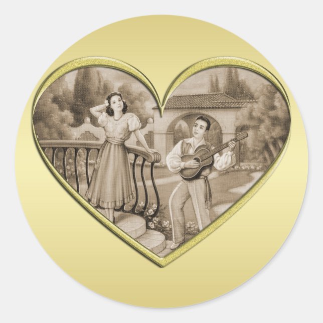 Pegatina Redonda Viñeta Romance, hombre y mujer, oro (Anverso)