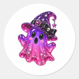 Pegatina Redonda Vinilo de Fantasma Mágico con Sombrero de Bruja