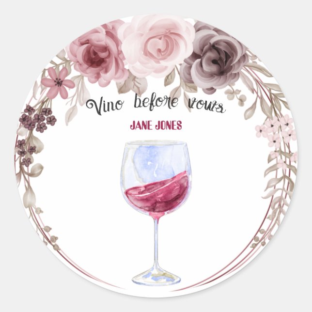 Pegatina Redonda Vino antes de los votos, lluvia de regalos de boda (Anverso)