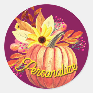 Pegatina Redonda Vino morado naranja de calabaza floral de otoño