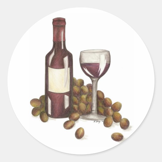 Pegatina Redonda Vino Rojo Degustación Botella Uvas Vidrio Merlot (Anverso)