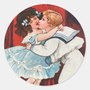 Pegatina Redonda Vintage A Happy Navidad Boy Kiss Chica Love