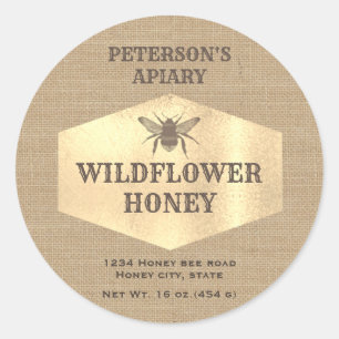 Pegatina Redonda Vintage Abeja de miel de lino de miel
