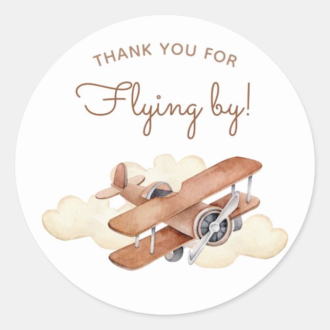 Pegatina Redonda Vintage Aircraft Biplane Boy's Birthday Favor (Anverso)