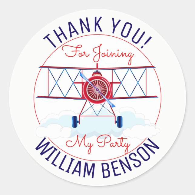 Pegatina Redonda Vintage Airplane Aviator Birday Party (Anverso)
