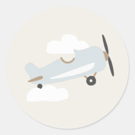 Pegatina Redonda Vintage Airplane Boys Birthday Blue Plane Classic