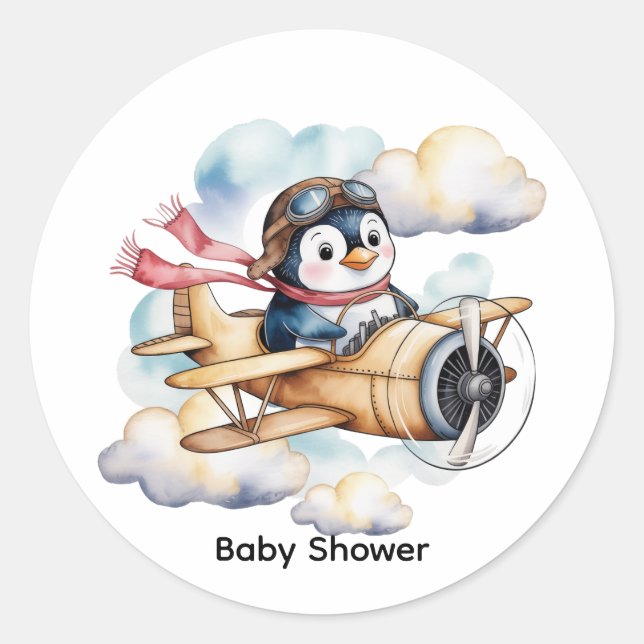 Pegatina Redonda Vintage Airplane Penguin Boy Baby Shower (Anverso)