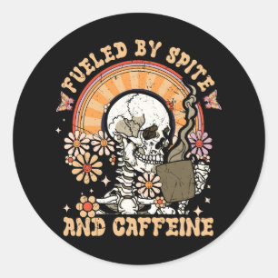 Pegatina Redonda Vintage Alimentado Por Spite Caffeine Skeleton Hal