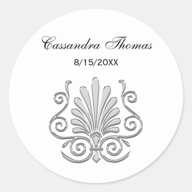 Pegatina Redonda Vintage Art Deco Plata Pluma Arabesca (Anverso)