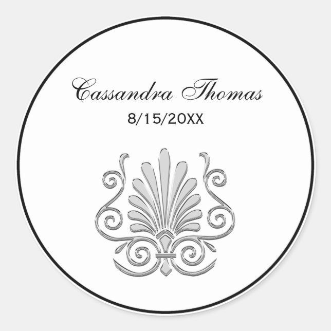 Pegatina Redonda Vintage Art Deco Plata Pluma Arabesca (Anverso)