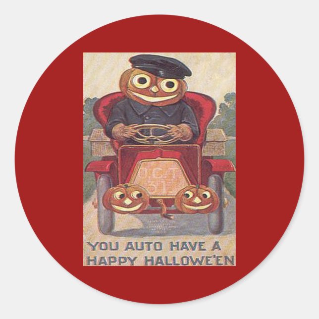 Pegatina Redonda Vintage Auto Halloween (Anverso)