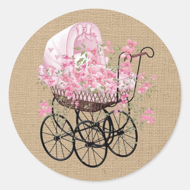 Pegatina Redonda Vintage Baby Carriage en Faux Burlap (Anverso)