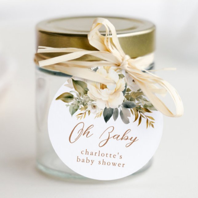 Pegatina Redonda Vintage Baby Carriage Neutral Baby Shower (Oh baby floral baby shower favor tags.
)
