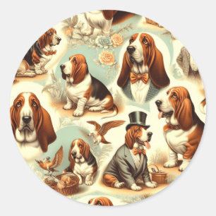 Pegatina Redonda Vintage Basset Hound Seamless Ilustracion
