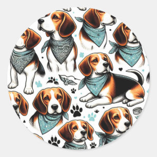 Pegatina Redonda Vintage Beagle Puppy Seamless