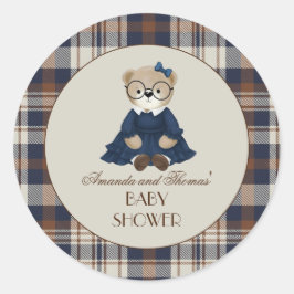 Pegatina Redonda Vintage Bear Girl Baby Shower 