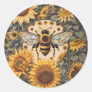 Pegatina Redonda Vintage Bee and Sunflowers