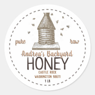 Pegatina Redonda Vintage Bee Hive con pequeñas abejas