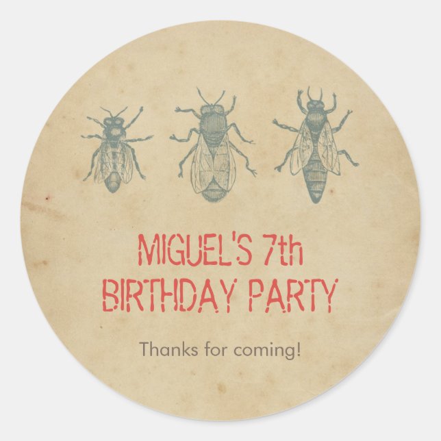 Pegatina Redonda Vintage Bees Kids Birthday Party Gracias (Anverso)