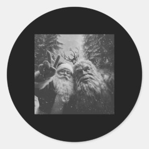 Pegatina Redonda Vintage Bigfoot Papá Noel Selfie Navidad 