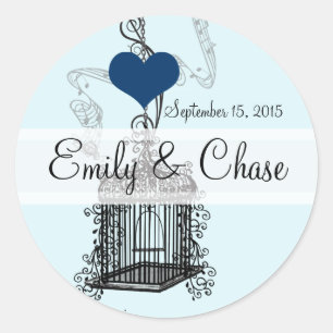 Pegatina Redonda Vintage Bird Cage Musical Love Bird Aqua Bodas