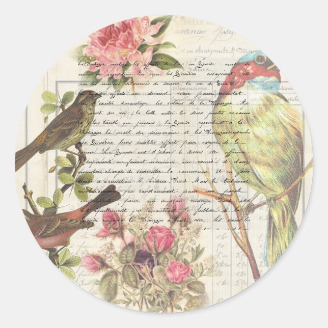 Pegatina Redonda Vintage Bird Decoupage Botánica gracias (Anverso)