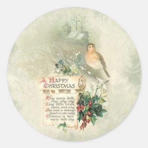 Pegatina Redonda Vintage Bird, Holly y Happy Navidades Scroll