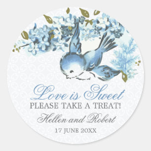 Pegatina Redonda Vintage Blue Birds Winter Wedding Treto Favor