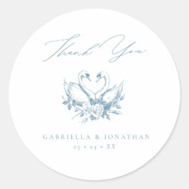 Pegatina Redonda Vintage Blue Floral Swans Script Wedding Thank You