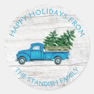 Pegatina Redonda Vintage Blue Truck Árboles navideños Madera rústic