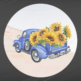 Pegatina Redonda Vintage Blue Truck Sunflowers