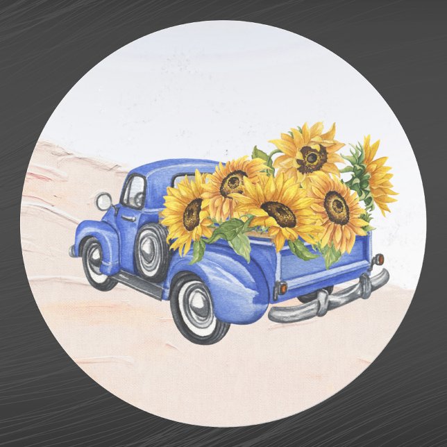 Pegatina Redonda Vintage Blue Truck Sunflowers (Subido por el creador)