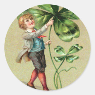 Pegatina Redonda Vintage Boy Four Leaf Clover Tarjeta del Día de Sa