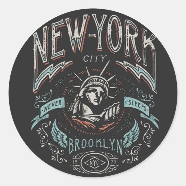 Pegatina Redonda Vintage Brooklyn New York City Nyc Basic Dark (Anverso)