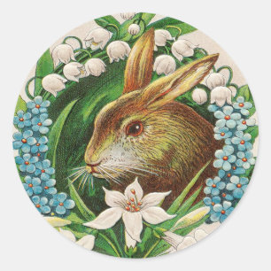Pegatina Redonda Vintage Bunny Floral Wreath Saludos de Pascua