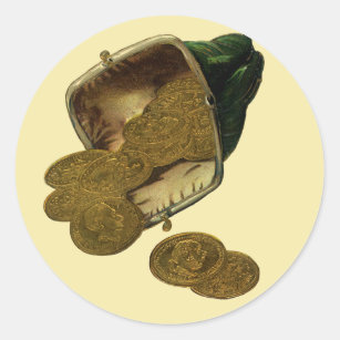 Pegatina Redonda Vintage Business Finance, Gold Coin Money en bolsa