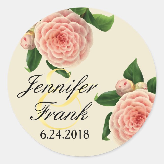 Pegatina Redonda Vintage Camellia Botanical (Anverso)