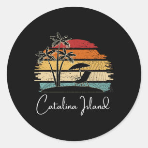 Pegatina Redonda Vintage Catalina Island Beach Palm Trees Spring An