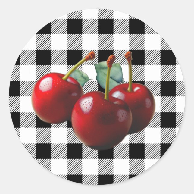 Pegatina Redonda Vintage Cherries black white gingham (Anverso)