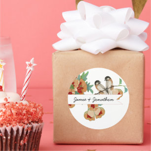 Pegatina Redonda Vintage Cherry Blossom Love Bird Peach Mint