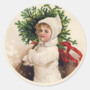 Pegatina Redonda Vintage Chica de árbol de Navidad francés