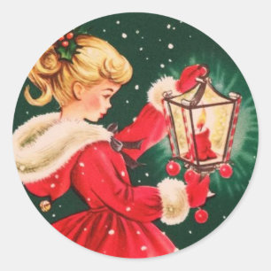 Pegatina Redonda Vintage Chica de Navidad con Lantern