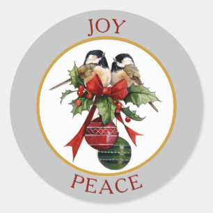 Pegatina Redonda Vintage Chickadee Joy Peace Navidades