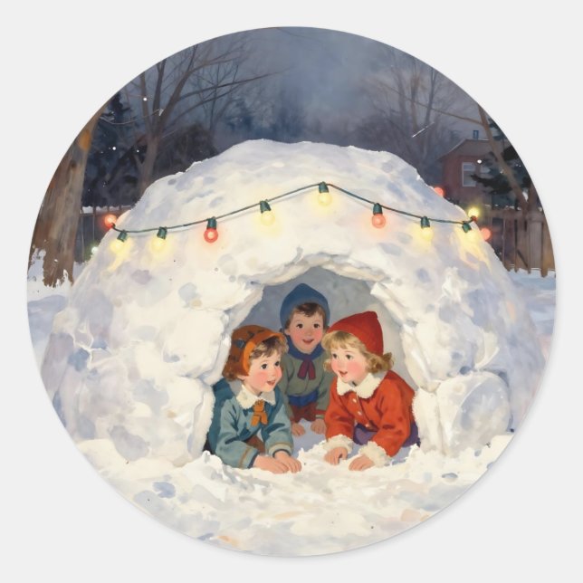 Pegatina Redonda Vintage Children in Snow Fort (Anverso)