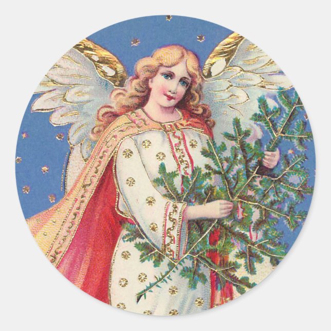 Pegatina Redonda Vintage Christmas Angel Faux Gold (Anverso)