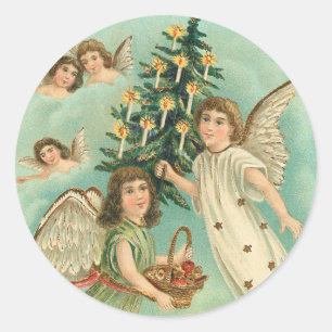 Pegatina Redonda Vintage Christmas Angels Faux Gold